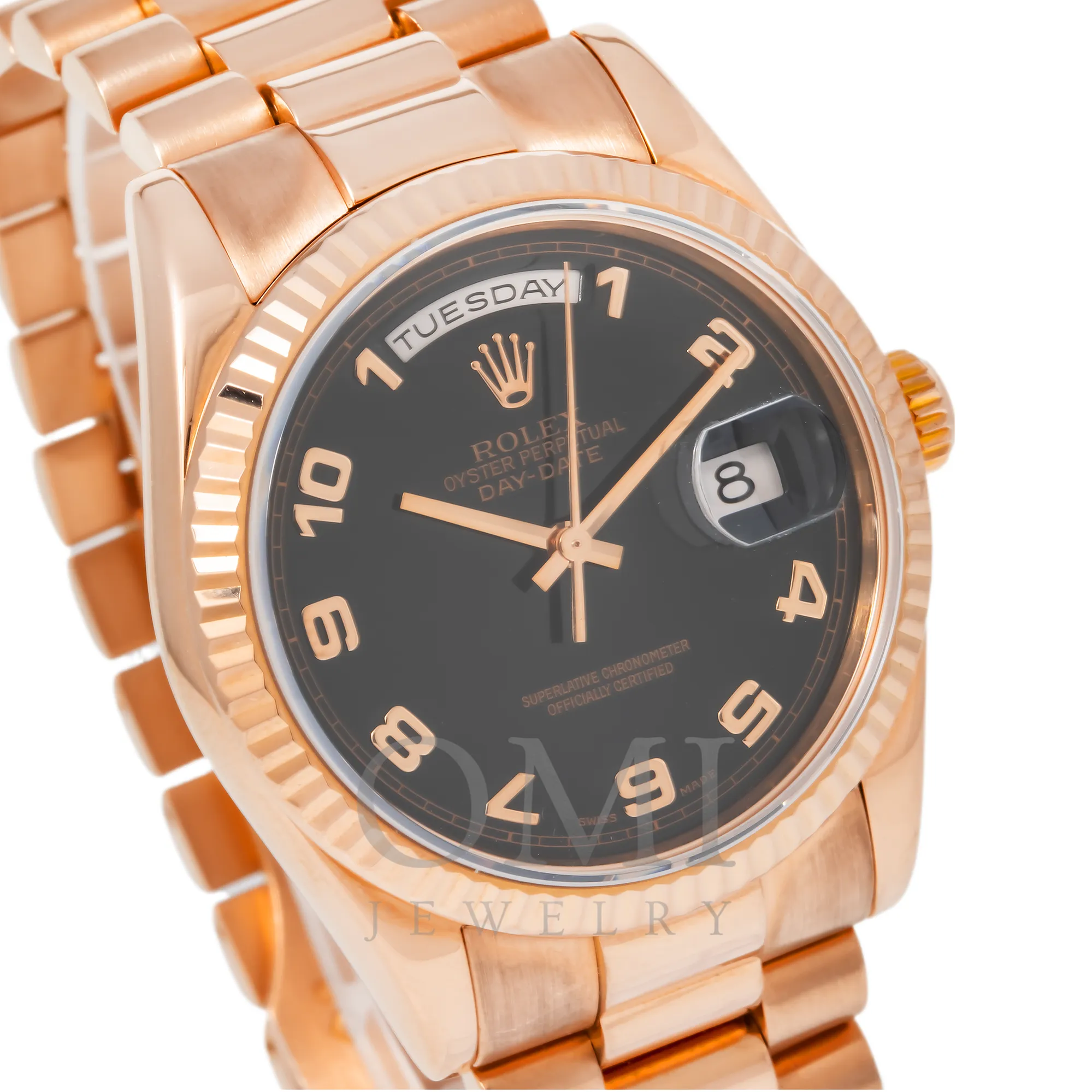 18K ROSE GOLD ROLEX DAY-DATE 118235 36MM WITH BLACK NUMERALS DIAL