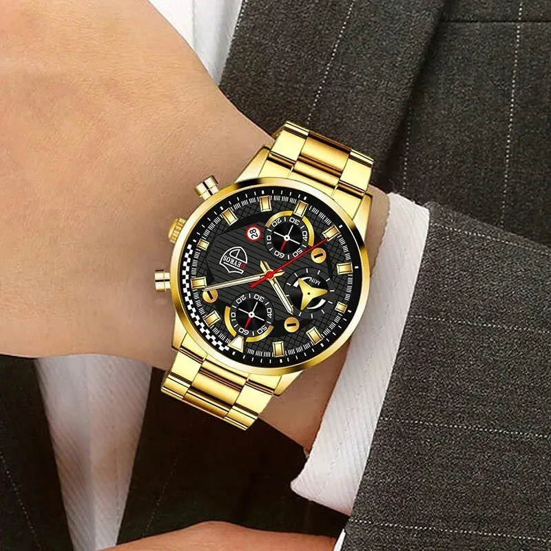 2pcs Fashion Mens Gold Bracelet Watches Set Men Business Stainless Steel Quartz Watch Male Calendar Date Wristwatch
