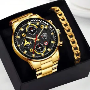 2pcs Fashion Mens Gold Bracelet Watches Set Men Business Stainless Steel Quartz Watch Male Calendar Date Wristwatch
