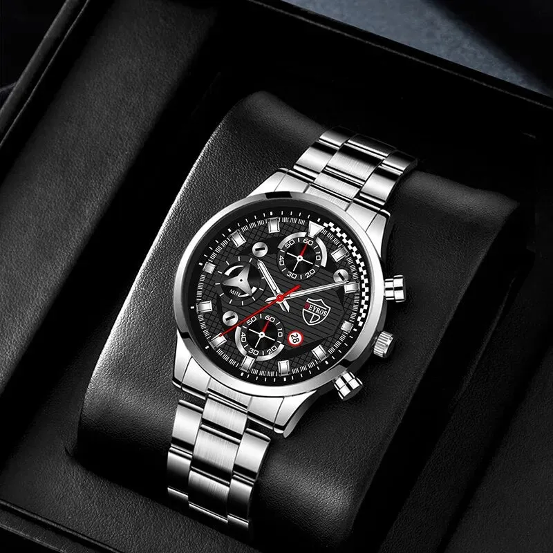 2pcs Fashion Mens Gold Bracelet Watches Set Men Business Stainless Steel Quartz Watch Male Calendar Date Wristwatch