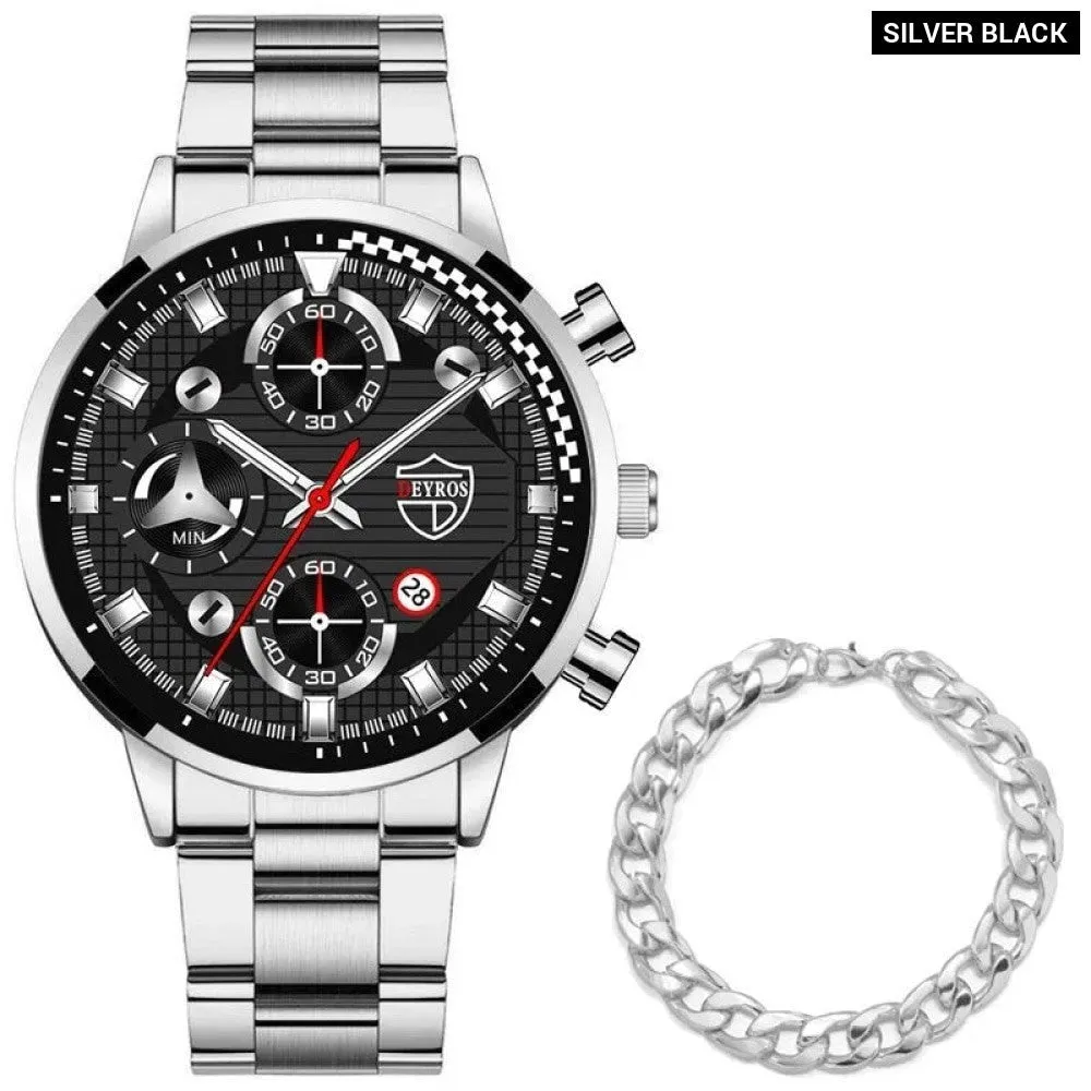 2pcs Fashion Mens Gold Bracelet Watches Set Men Business Stainless Steel Quartz Watch Male Calendar Date Wristwatch