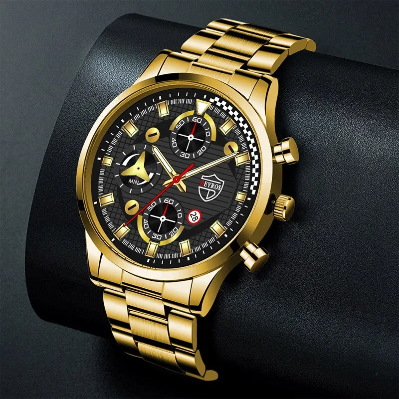 2pcs Fashion Mens Gold Bracelet Watches Set Men Business Stainless Steel Quartz Watch Male Calendar Date Wristwatch