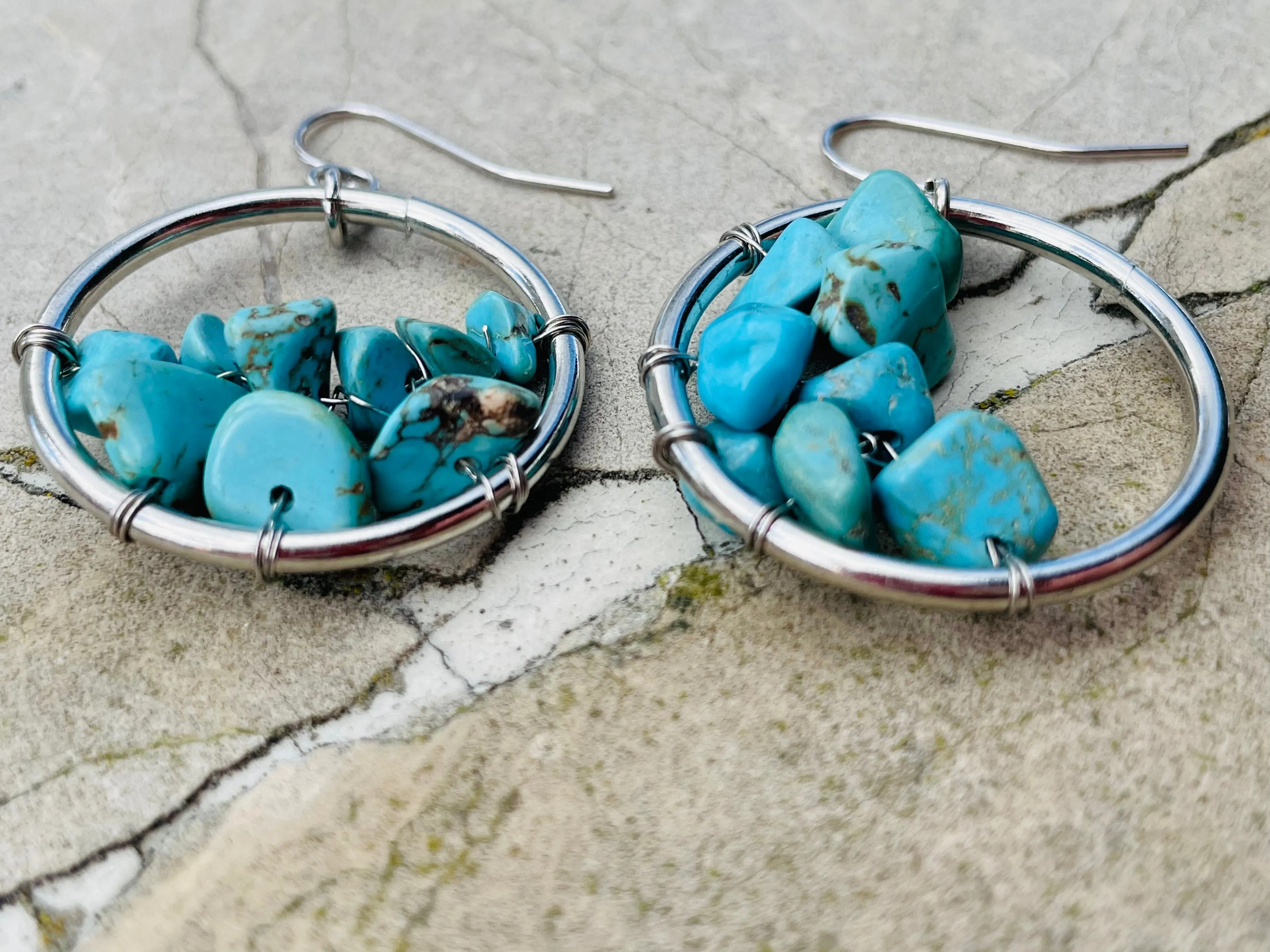 Artisan Blue Faux Turquoise Stone Silver ToneHoop Hanging Pierced Earrings
