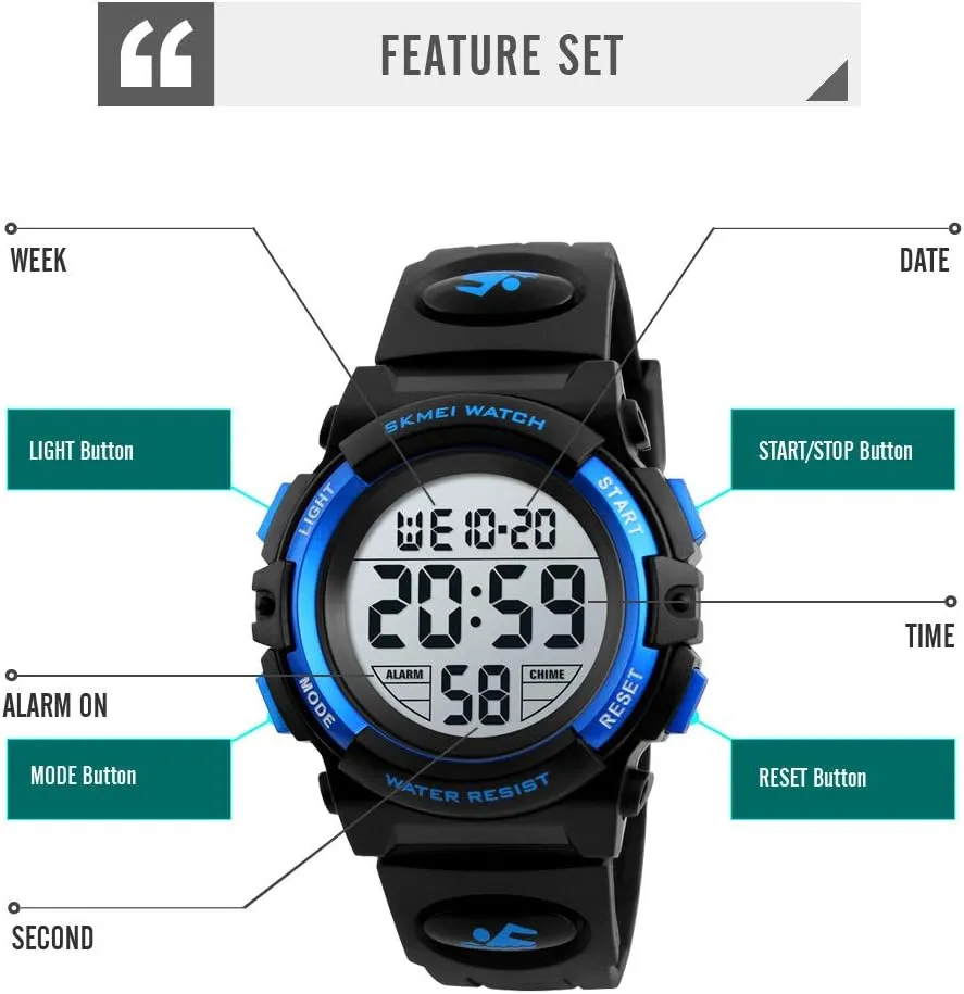 Boys Watch Digital Sports Waterproof Outdoor Kids Watches Alarm Clock 12/24 H Stopwatch Calendar 3-15 Year Old Boys Girls Wristwatch