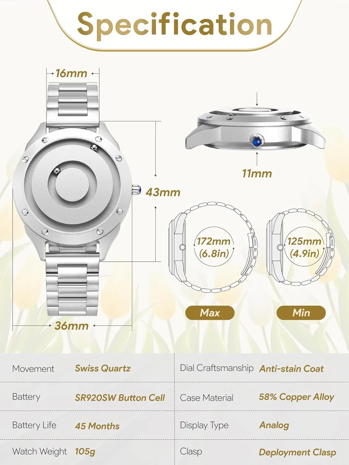 EUTOUR Ladies Watch Wristwatch, Magnetic Watches Fancy Minimalist Unisex Watches Swiss Quartz Watch with Stainless Steel/Leather 36mm dial