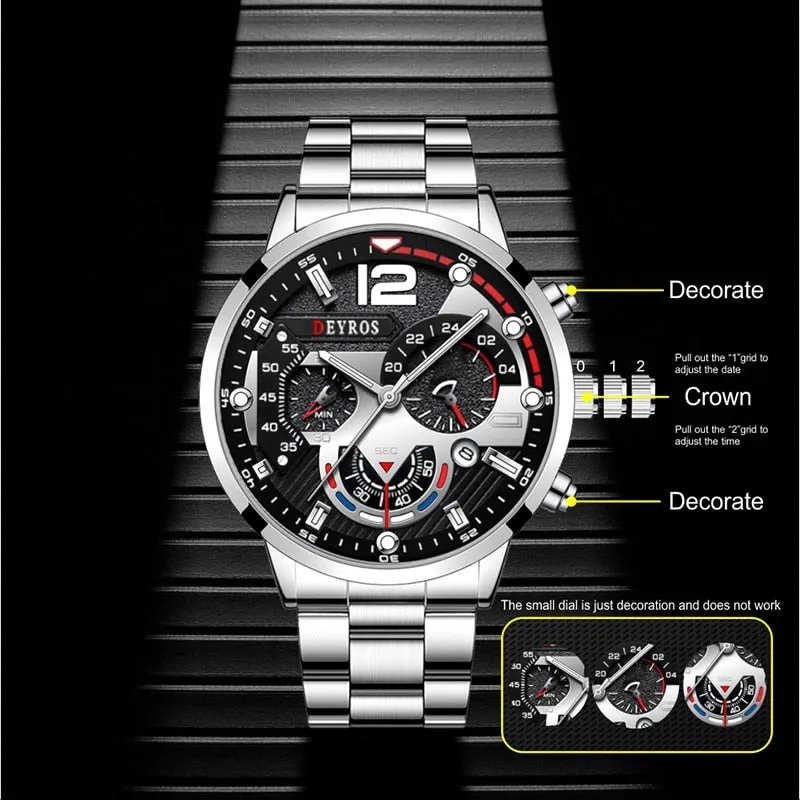 Fashion Mens Watches Stainless Steel Quartz Wristwatch Calendar Luminous Clock Men Business Casual Watch Reloj Hombre