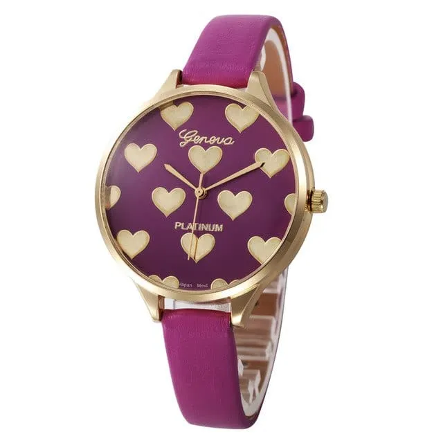 Heart Pattern Women PU Leather Quartz Watch - 7 Colors