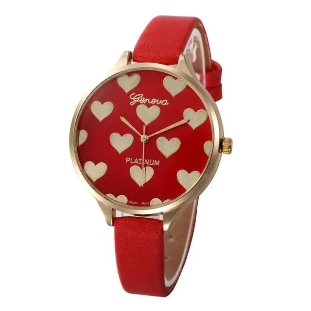 Heart Pattern Women PU Leather Quartz Watch - 7 Colors