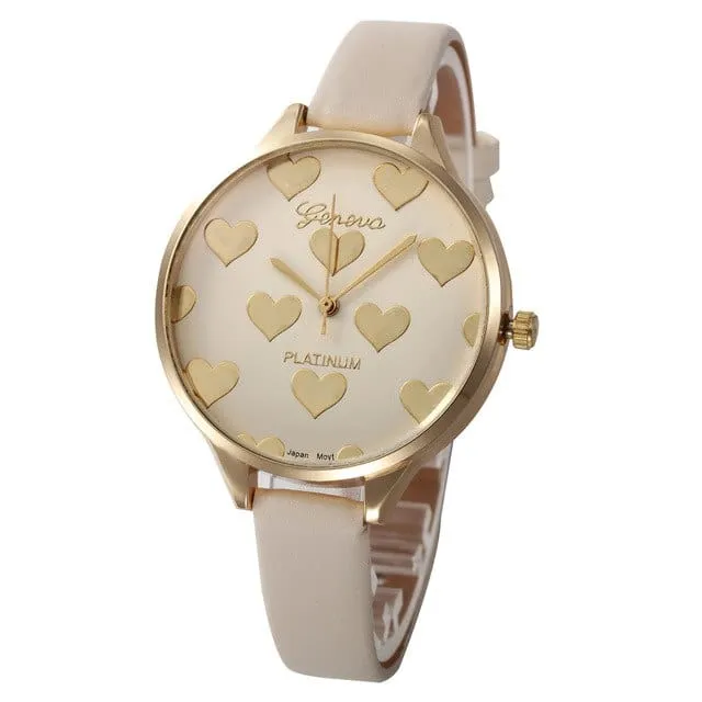 Heart Pattern Women PU Leather Quartz Watch - 7 Colors