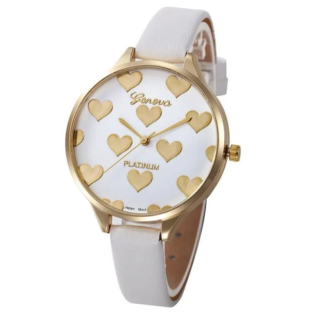 Heart Pattern Women PU Leather Quartz Watch - 7 Colors