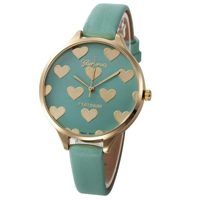 Heart Pattern Women PU Leather Quartz Watch - 7 Colors