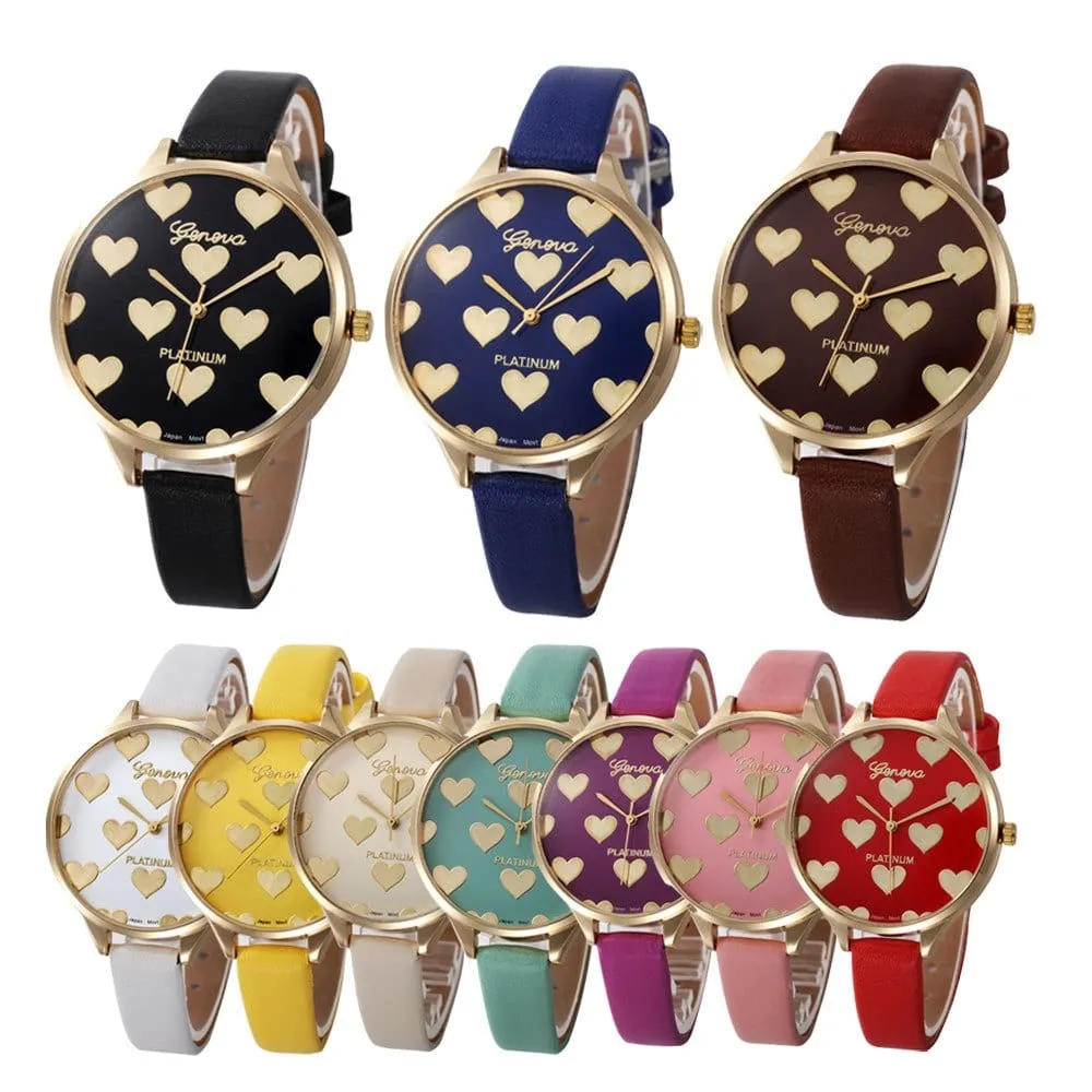 Heart Pattern Women PU Leather Quartz Watch - 7 Colors