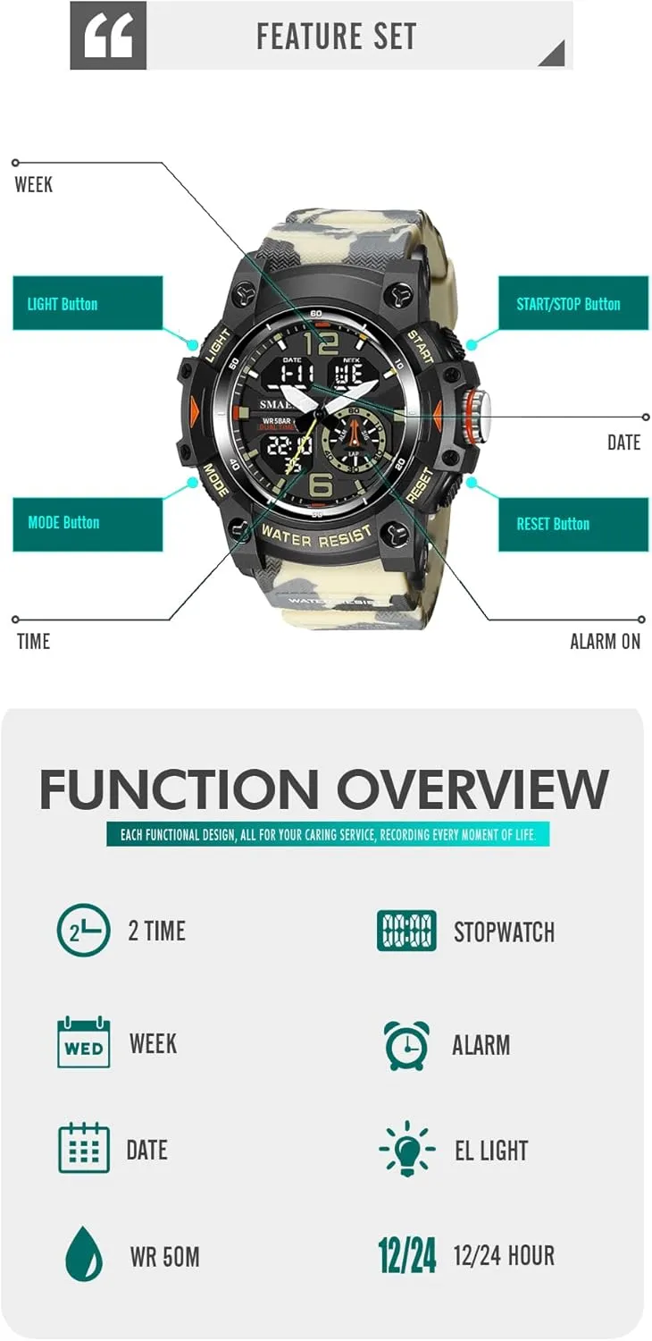 KXAITO Men's Analog Sports Watch Military Watch Outdoor LED Stopwatch Digital Electronic Large Dual Display Waterproof Tactical Army Wrist Watches for Men 8007