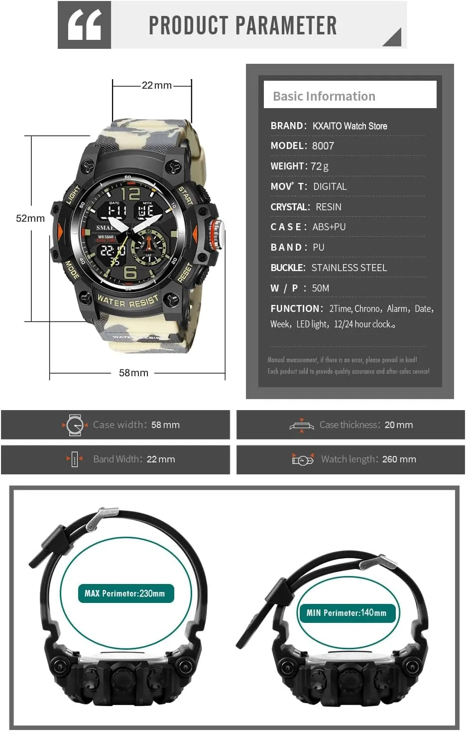 KXAITO Men's Analog Sports Watch Military Watch Outdoor LED Stopwatch Digital Electronic Large Dual Display Waterproof Tactical Army Wrist Watches for Men 8007