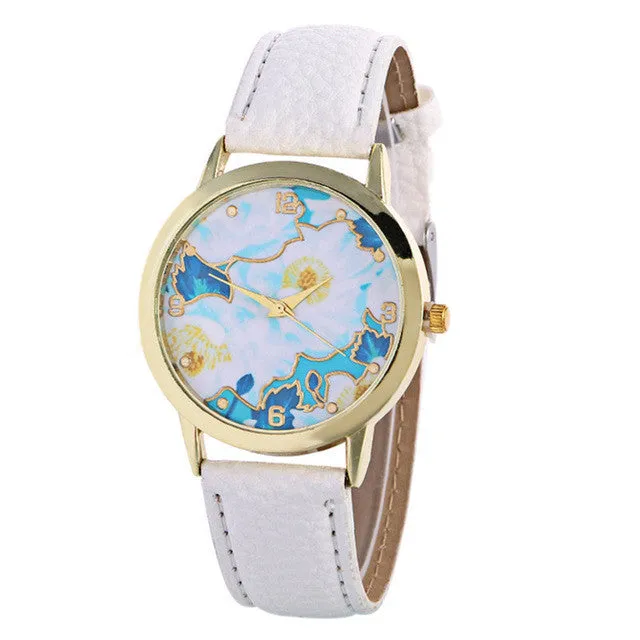 Ladies Fashion Girl Quartz Watch Clock Women Leather Brand Casual Dress Women's Flower Wristwatch Cool Watches Unique Watches