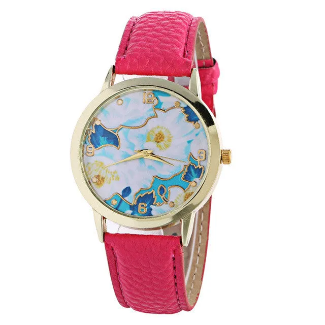 Ladies Fashion Girl Quartz Watch Clock Women Leather Brand Casual Dress Women's Flower Wristwatch Cool Watches Unique Watches