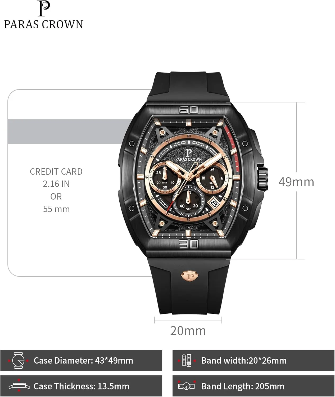 Mens Watches Analog Quartz Luxury 50M Waterproof Tonneau Watches for Men Japanese Movement Stainless Steel Case Luminous Sport Watch