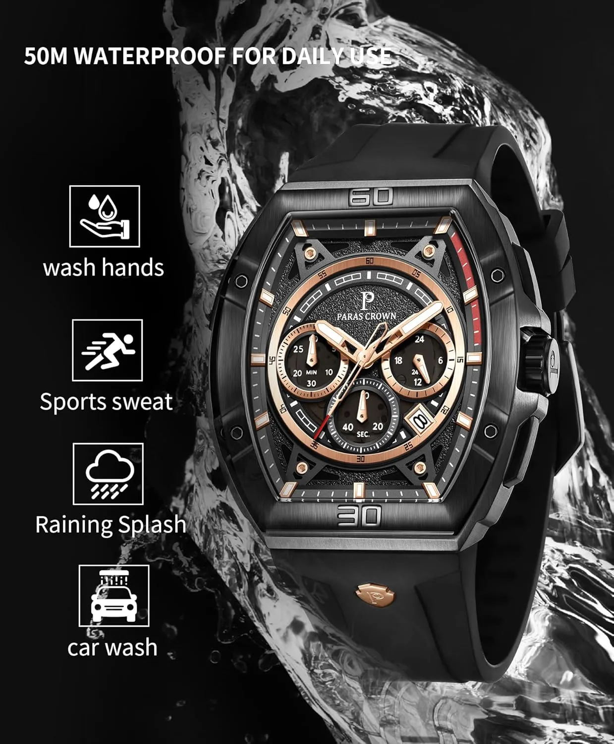 Mens Watches Analog Quartz Luxury 50M Waterproof Tonneau Watches for Men Japanese Movement Stainless Steel Case Luminous Sport Watch