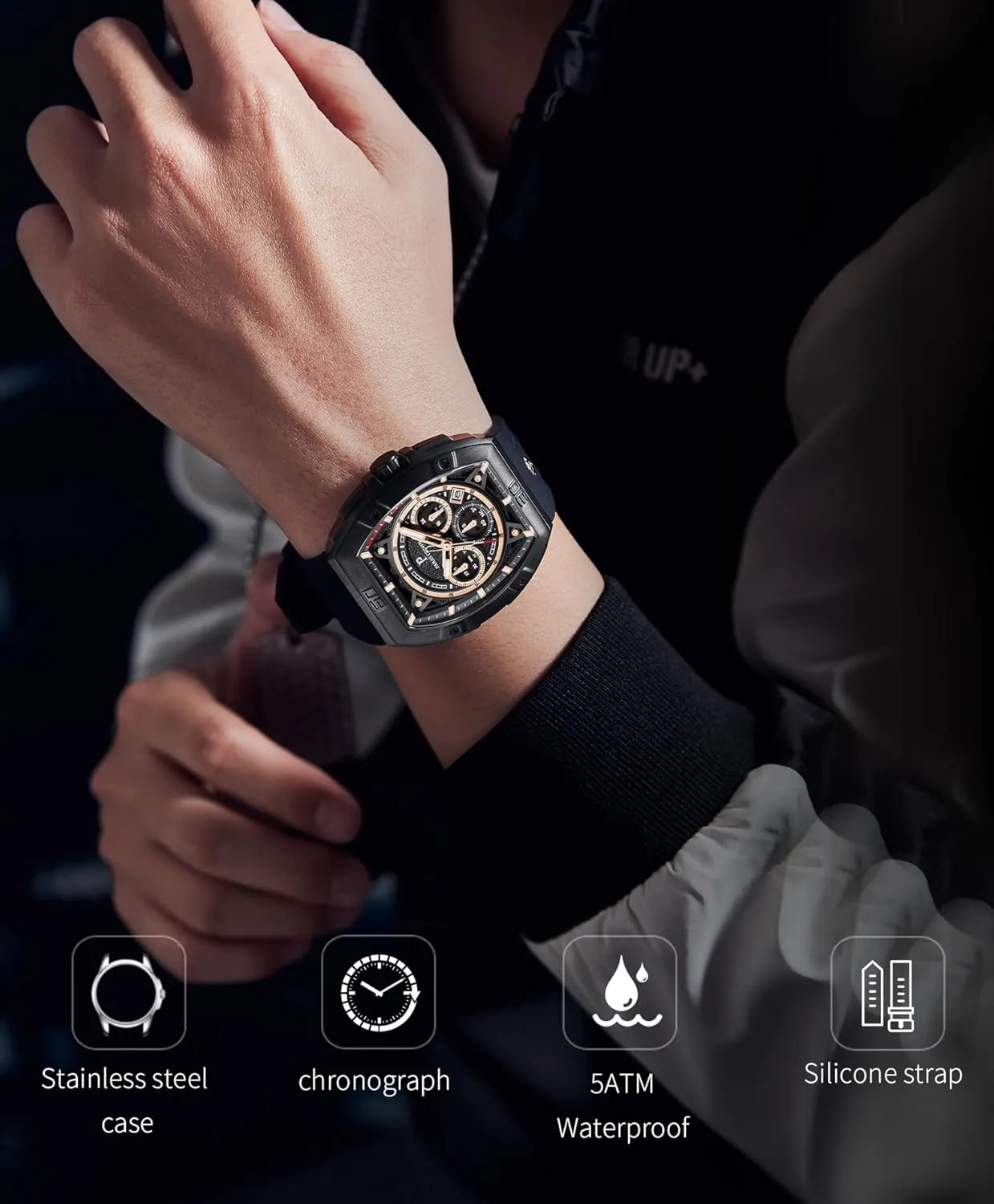Mens Watches Analog Quartz Luxury 50M Waterproof Tonneau Watches for Men Japanese Movement Stainless Steel Case Luminous Sport Watch
