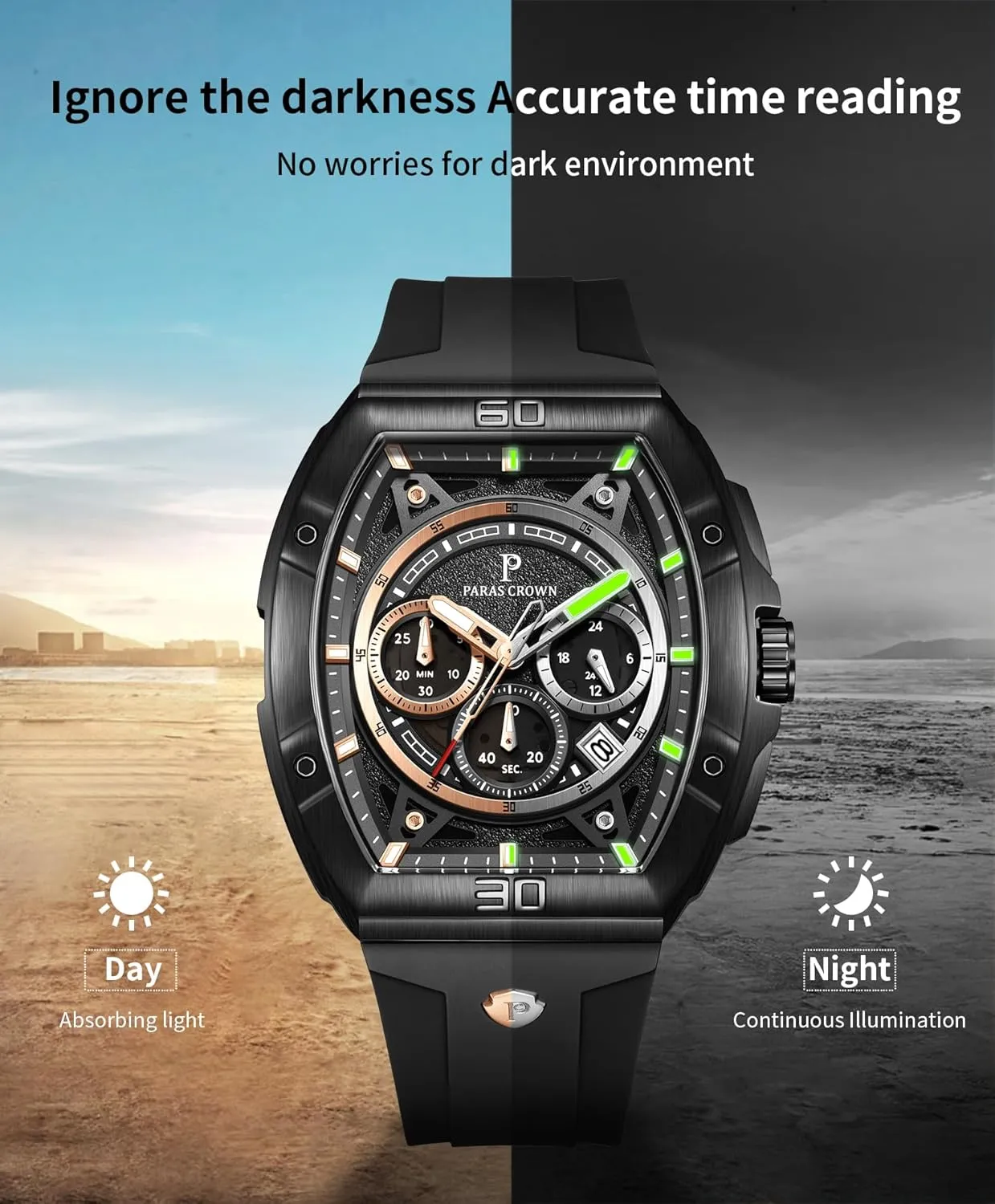 Mens Watches Analog Quartz Luxury 50M Waterproof Tonneau Watches for Men Japanese Movement Stainless Steel Case Luminous Sport Watch