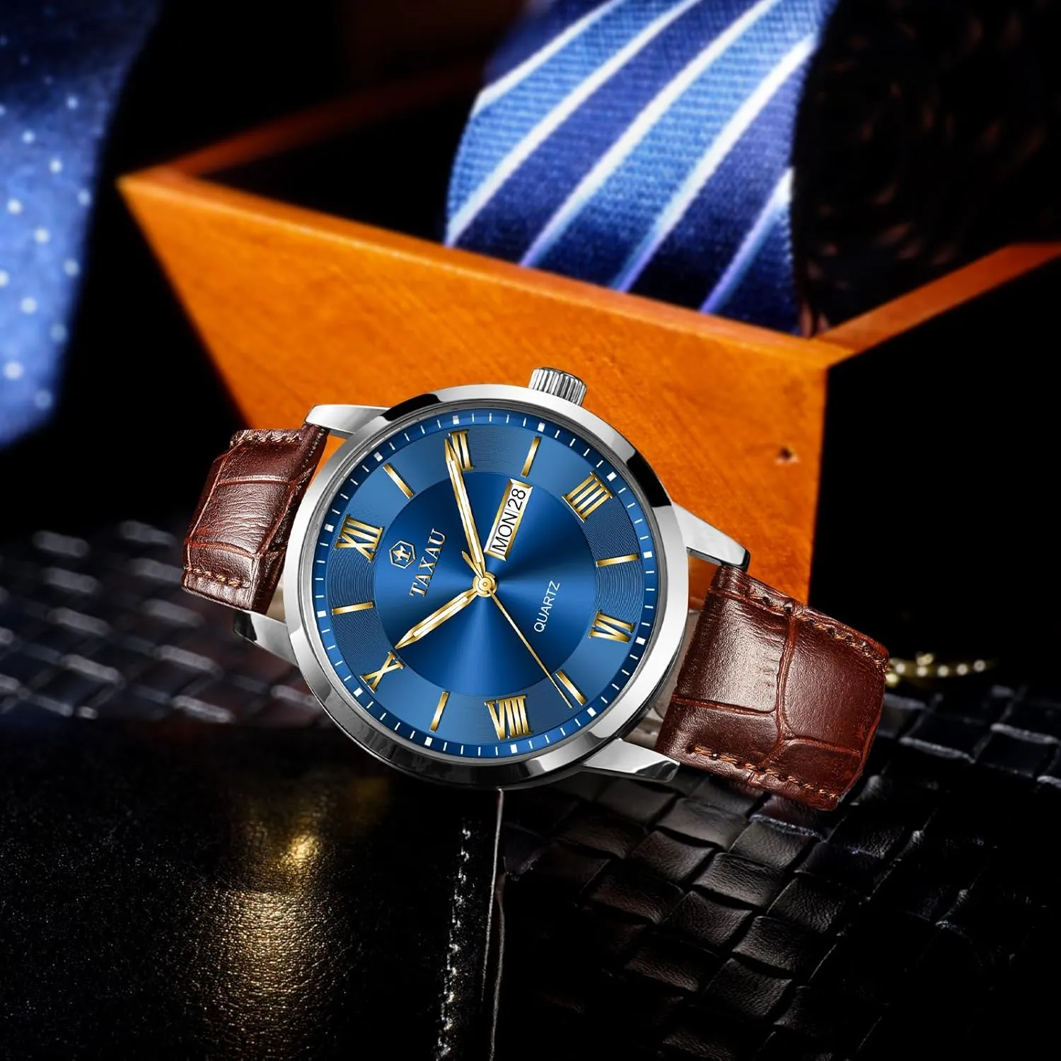 Mens Watches Waterproof Leather Watch for Men Dress Luxury Analog Quartz Watch Casual Large Number Wrist Watch Day Date Classic Watches Easy Read Big Face reloj para Hombre