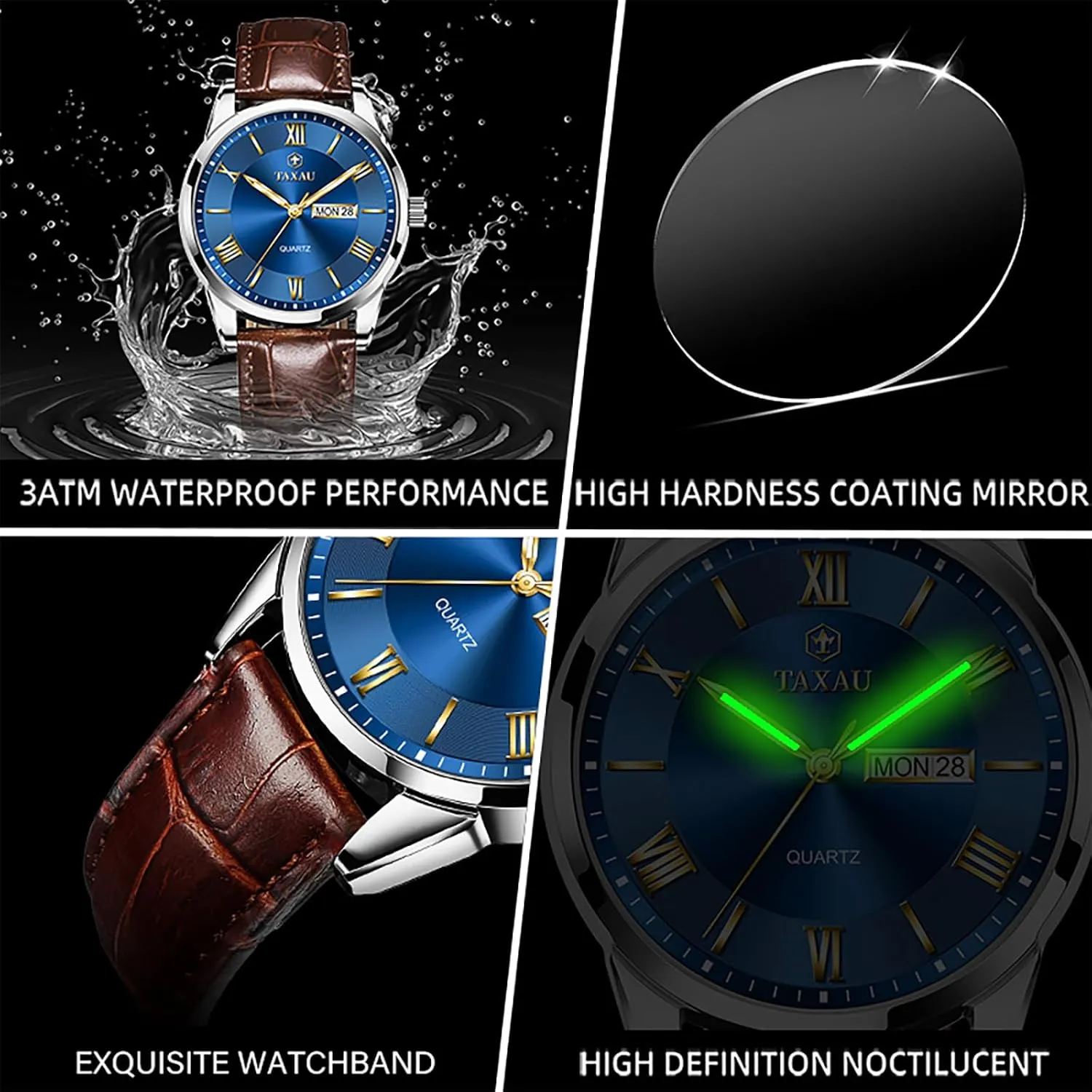Mens Watches Waterproof Leather Watch for Men Dress Luxury Analog Quartz Watch Casual Large Number Wrist Watch Day Date Classic Watches Easy Read Big Face reloj para Hombre