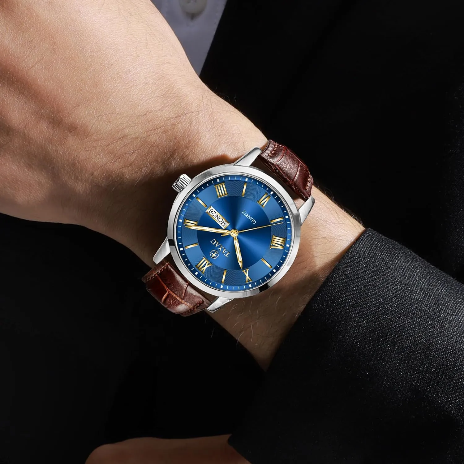 Mens Watches Waterproof Leather Watch for Men Dress Luxury Analog Quartz Watch Casual Large Number Wrist Watch Day Date Classic Watches Easy Read Big Face reloj para Hombre