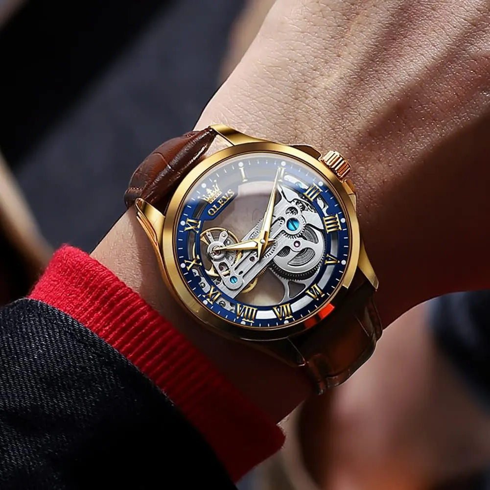 OLEVS Watch Men Skeleton Automatic Leather Band Watches for Men Large Face Self Winding Mechanical Mens Dress Watches Waterproof Easy to Read Business Casual Men's Wrist Watches