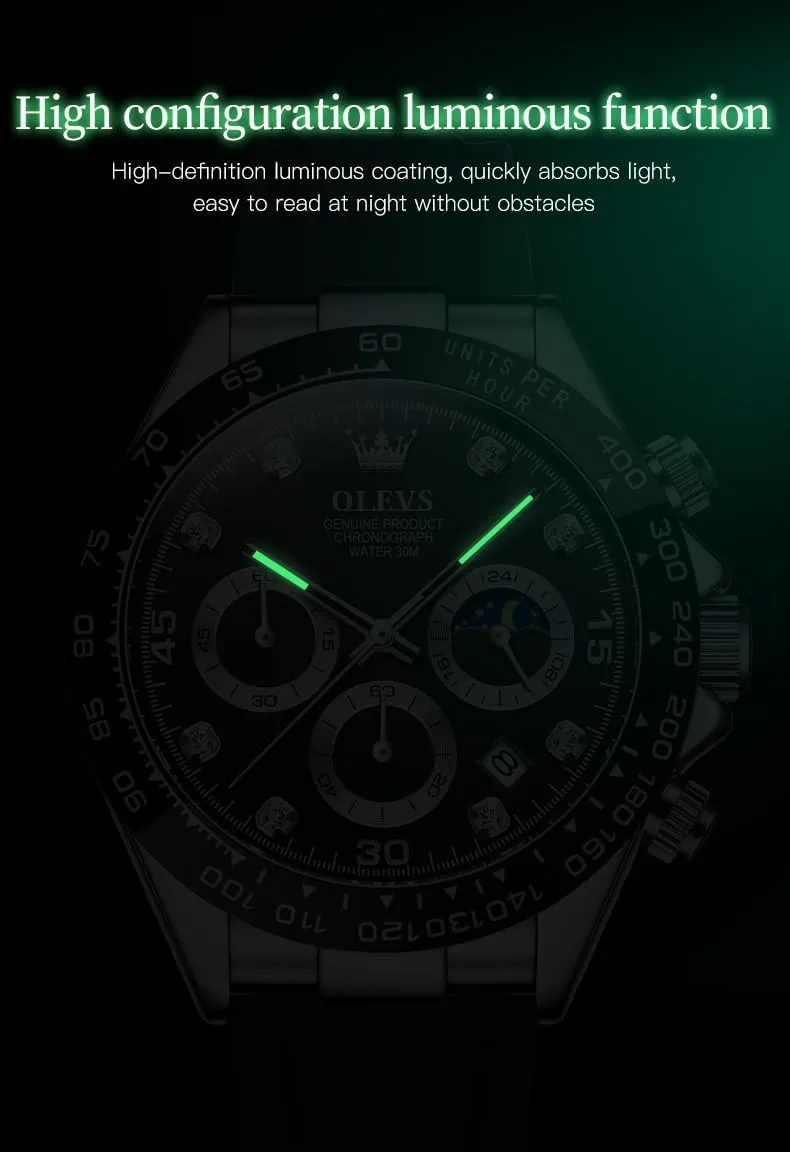 OLEVS Watches for Men Business Diamond Moon Phase Male Watch Chronograph Fashion Dress Waterproof Date Analog Waterproof Men Wrist Watch