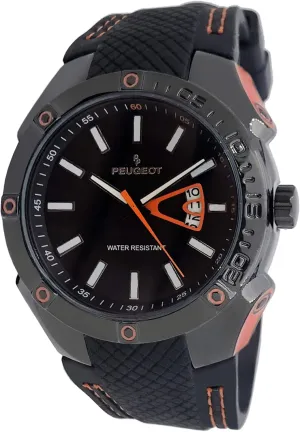 Peugeot Men Water Resistant Sports Watch with Calendar & Black Rubber Strap w/Orange Stiching