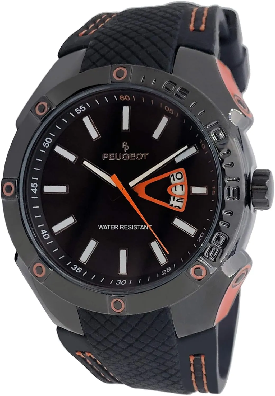 Peugeot Men Water Resistant Sports Watch with Calendar & Black Rubber Strap w/Orange Stiching