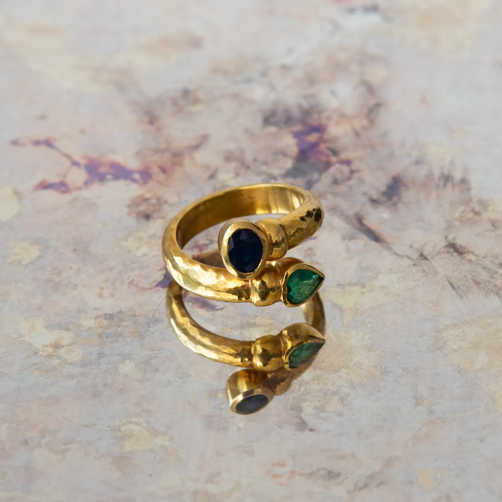Sapphire and Emerald Torque Gold Ring