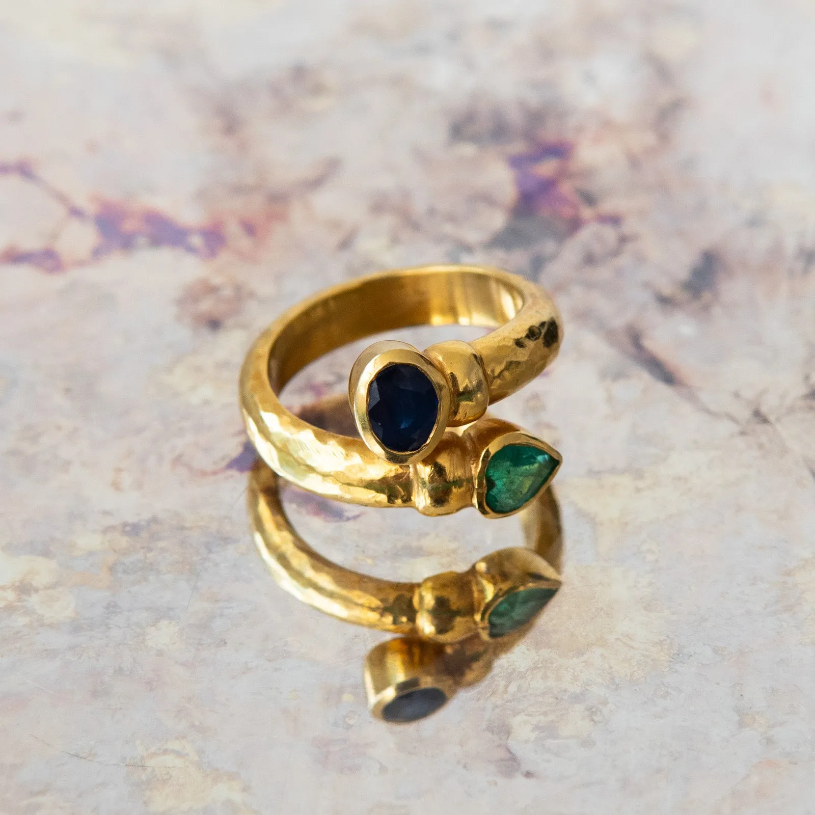 Sapphire and Emerald Torque Gold Ring